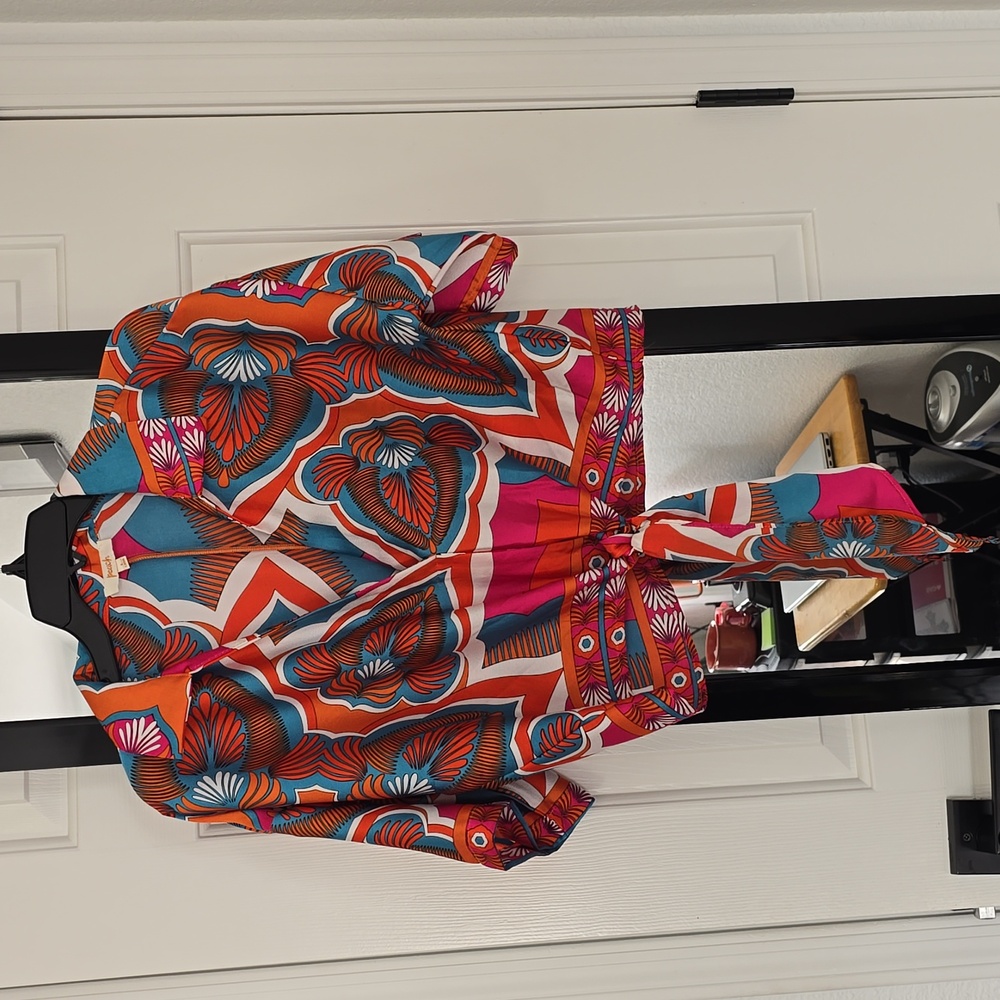 Colorful Floral Tie-Front Blouse Sz Lg - Picture 2 of 5